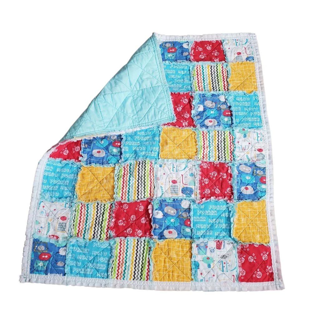 New Homemade Colorful Baby Rag Quilt Cats / Paw Prints